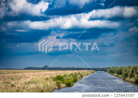 Drainage canal next to the Florida Everglades grasslands 125643597
