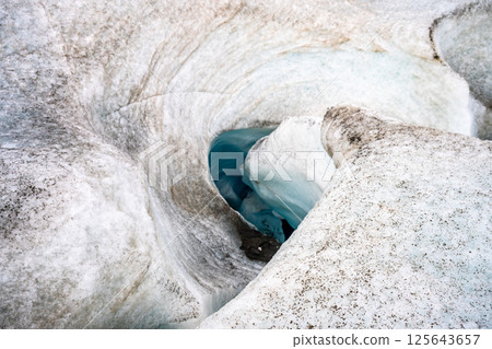 Crevasse in the ice from melting at Athabasca Glacier in Jasper National Park with cloudy sky 125643657