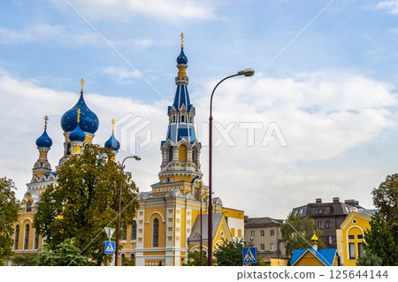 Saint Nicholas church cathedral with blue onion dome Brest Belarus. Saint Nicholas church cathedral with blue onion dome Brest Belarus. 125644144