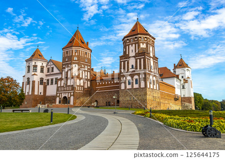 Mir Castle majestic fortification fortress Park monument in Mir Belarus. Mir Castle majestic fortification fortress Park monument in Mir Belarus. 125644175