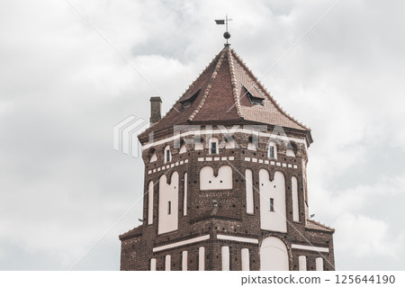 Mir Castle majestic fortification fortress Park monument tower dome Belarus. 125644190