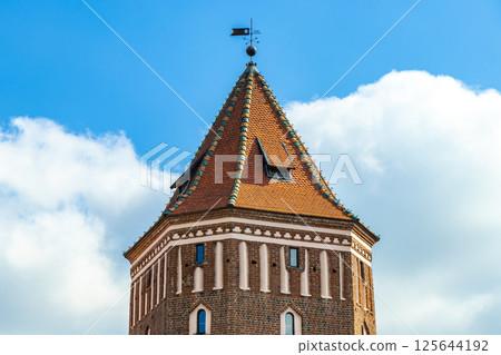 Mir Castle majestic fortification fortress Park monument tower dome Belarus. 125644192