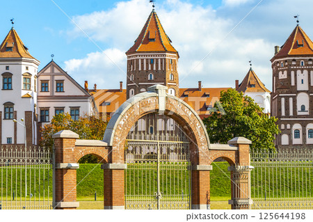 Mir Castle majestic fortification fortress Park monument entrance gate Belarus. 125644198