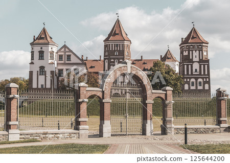 Mir Castle majestic fortification fortress Park monument entrance gate Belarus. 125644200