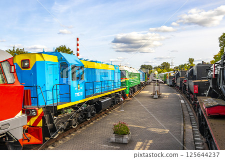 Classic vintage retro train trains steam locomotive locomotives in Belarus. 125644237