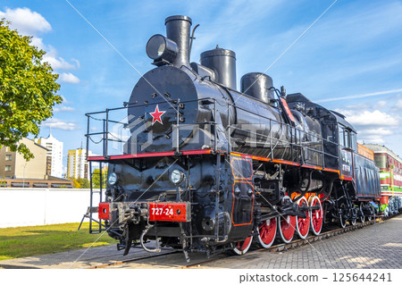 Black classic vintage retro train trains steam locomotive locomotives Belarus. 125644241