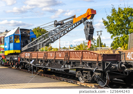 Classic vintage retro train trains steam locomotive locomotives in Belarus. 125644243