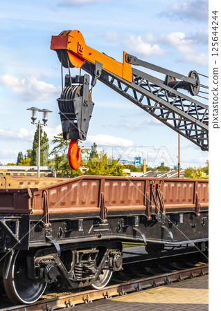 Classic vintage retro train trains steam locomotive locomotives in Belarus. 125644244