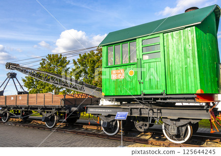 Classic vintage retro train trains steam locomotive locomotives in Belarus. 125644245