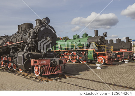 Classic vintage retro train trains steam locomotive locomotives in Belarus. 125644264