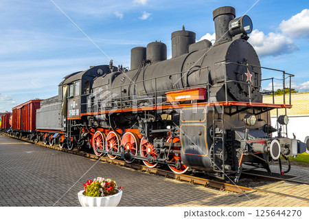 Black classic vintage retro train trains steam locomotive locomotives Belarus. 125644270