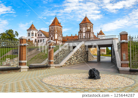 Mir Castle majestic fortification fortress Park monument entrance gate Belarus. 125644287