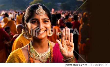 Joyful Indian woman in traditional attire showing mehndi ceremony on her palm during a Hindu festival celebration, surrounded by a lively and colorful crowd, hindu festival 125644395