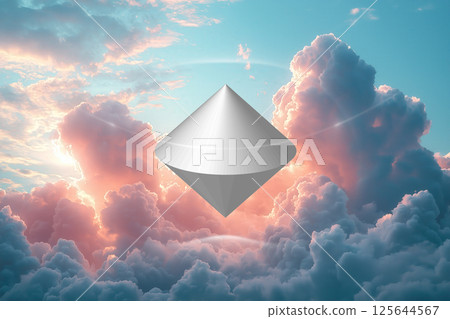 A metallic double-cone object floating in a sea of clouds at dawn 125644567