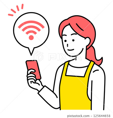 一位穿著圍裙的女士手裡拿著一部已連接 Wi-Fi 的智慧型手機 125644658