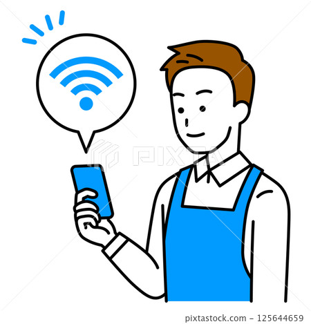 一名男子身穿圍裙，手裡拿著一部已連接 Wi-Fi 的智慧型手機 125644659