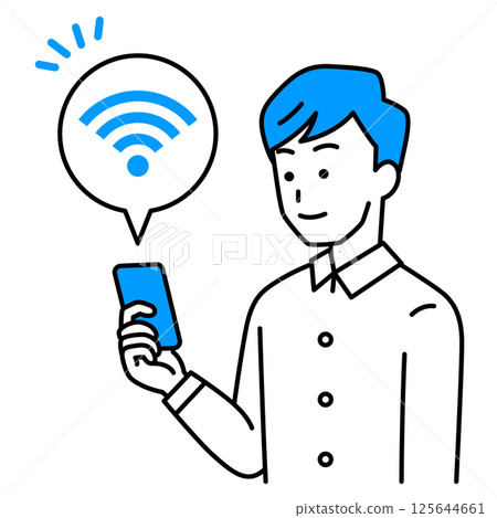 Casual man holding smartphone connected to Wi-Fi Casual man holding smartphone connected to Wi-Fi 125644661