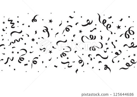 Confetti background with ribbons and falling serpentine. Carnival background for birthday and party celebration. Monochrome festive elements. Seamless border for anniversary and event design 125644686