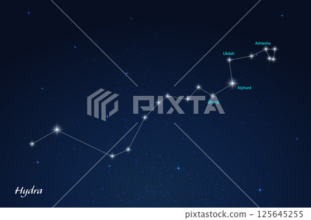 Hydra Constellation with Star Names in Night Sky Hydra Constellation with Star Names in Night Sky 125645255