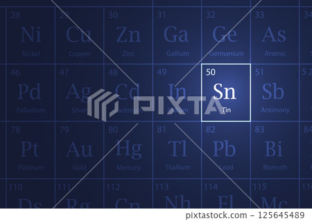 Tin element glowing in a dark periodic table 125645489