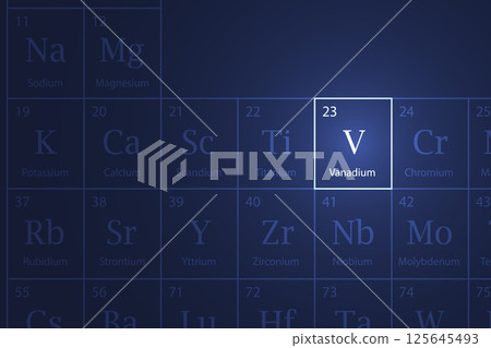 Vanadium element glowing in a dark periodic table Vanadium element glowing in a dark periodic table 125645493