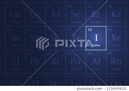 Iodine element glowing in a dark periodic table Iodine element glowing in a dark periodic table 125645628