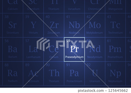 Praseodymium element glowing in a dark periodic table 125645662