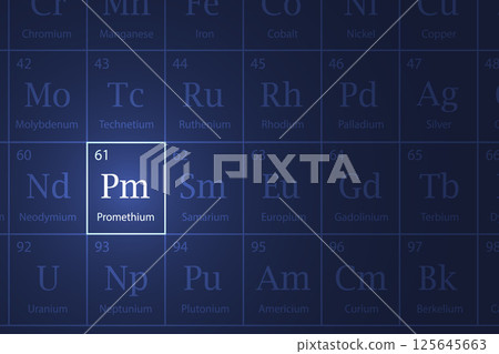 Promethium element glowing in a dark periodic table 125645663