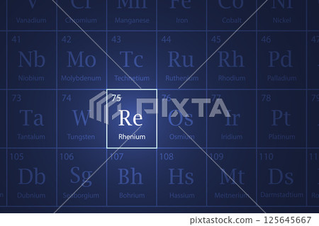 Rhenium element glowing in a dark periodic table Rhenium element glowing in a dark periodic table 125645667
