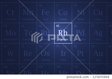 Rhodium element glowing in a dark periodic table Rhodium element glowing in a dark periodic table 125645668