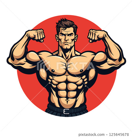 Muscular Bodybuilder Flexing Biceps Illustration 125645678