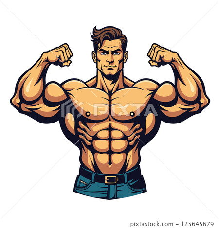 Muscular Bodybuilder Flexing Biceps Illustration Muscular Bodybuilder Flexing Biceps Illustration 125645679