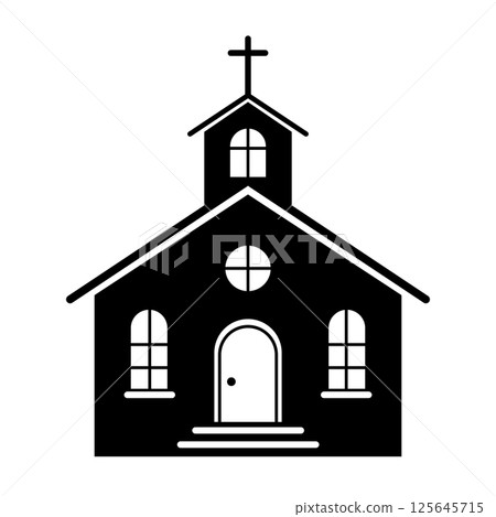 Black Church Silhouette with Windows and Cross 125645715