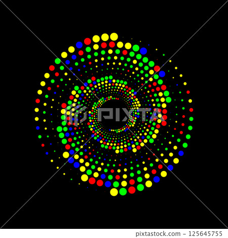 Colorful spiral dot pattern on black background Colorful spiral dot pattern on black background 125645755