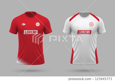 3d realistic soccer home and away jersey in America de Cali style, football kit template 3d realistic soccer home and away jersey in America de Cali style, football kit template 125645771