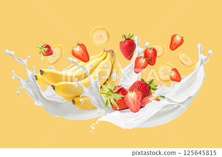 Healthy food, Strawberries, bananas and milk on light yellow background 125645815