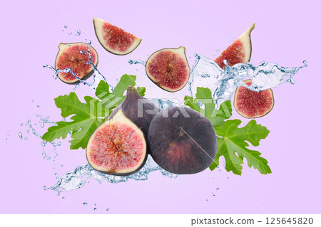 Healthy food, Figs, leaves and water on light purple background Healthy food, Figs, leaves and water on light purple background 125645820
