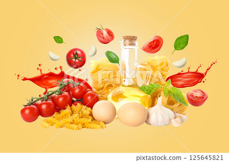 Cooking pasta, Pasta cooking ingredients on light yellow background 125645821