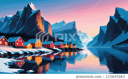 Scenic Nordic Village by Fjord at Sunset 125645863