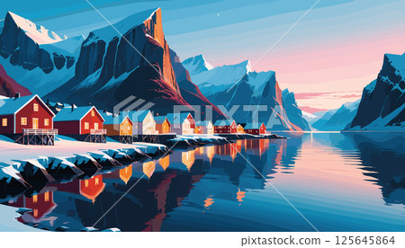 Scenic Nordic Village by Fjord at Sunset 125645864