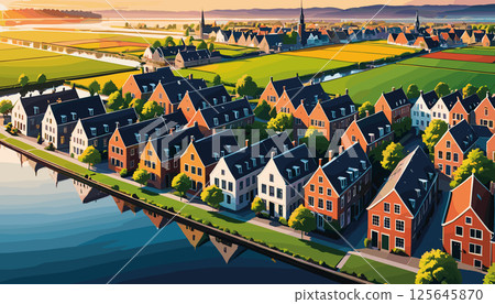 Picturesque Dutch Canal Village at Sunset Picturesque Dutch Canal Village at Sunset 125645870