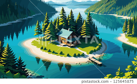 Secluded Cabin on a Forested Island Lake 125645875