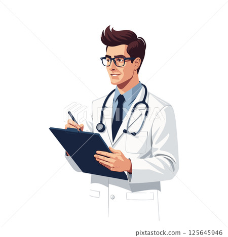 Friendly Doctor in White Coat Holding Clipboard 125645946