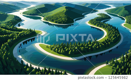 Serpentine River Flowing Through Green Hills 125645982