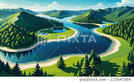 Serpentine River Flowing Through Green Hills Serpentine River Flowing Through Green Hills 125645984