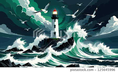Lighthouse on Rocky Coast During Stormy Weather 125645996