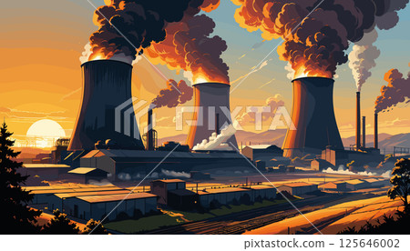Industrial Power Plant Emitting Thick Smoke at Sunset 125646002