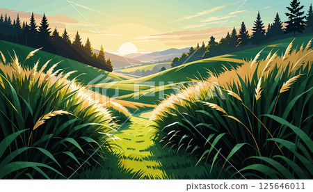Scenic Rolling Hills at Sunset with Tall Grass 125646011
