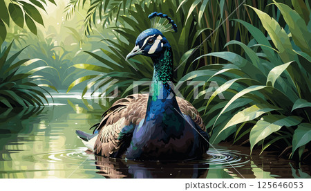 Majestic Peacock in a Tranquil Jungle Pond 125646053