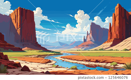 Desert Canyon with Flowing River and Red Rock Cliffs 125646076